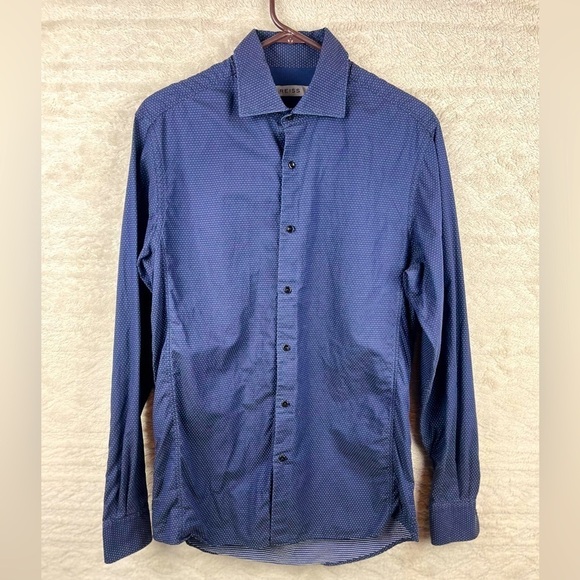 REISS  Men's Blue White Dots Button Down Men's Shirt Size Medium Quiet Luxury - Picture 1 of 15